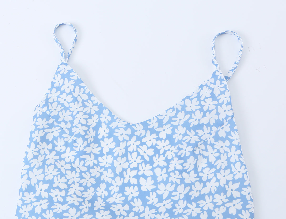 French Minority Vacation Floral Print Back Cut Lace up Bow Suspender Women Summer