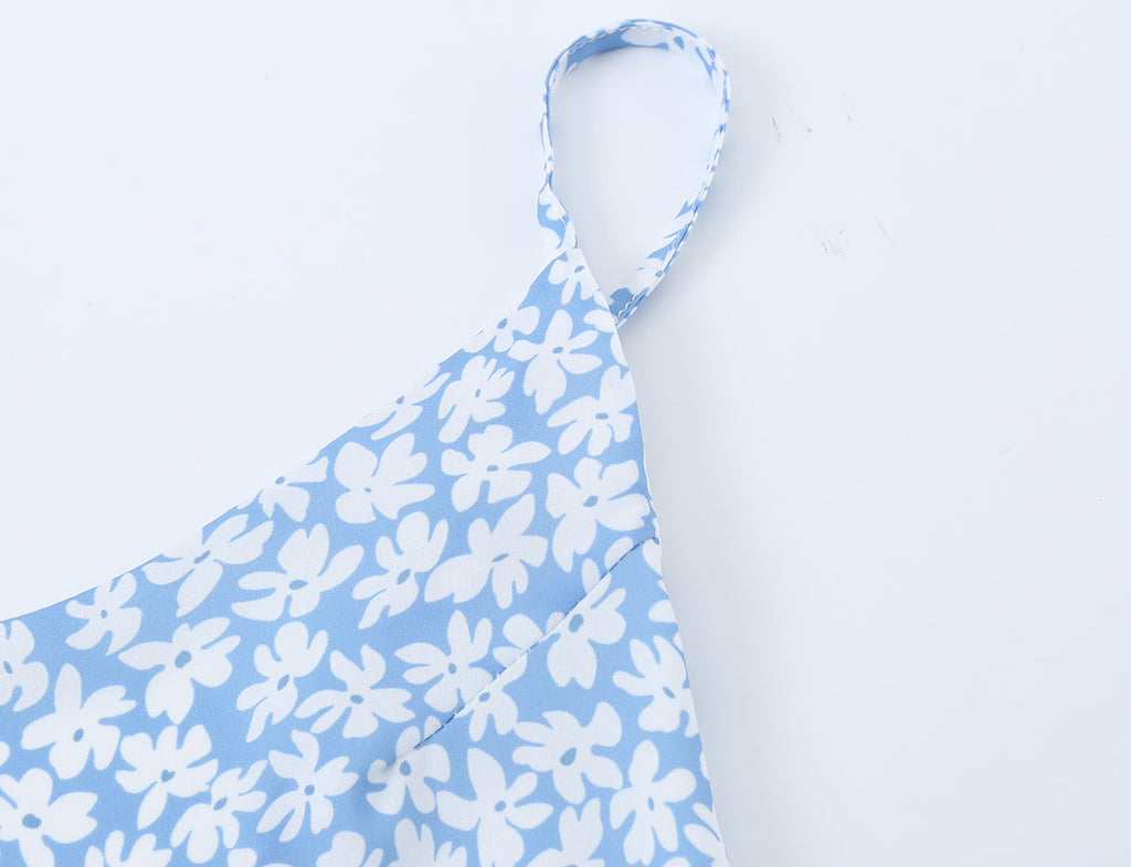 French Minority Vacation Floral Print Back Cut Lace up Bow Suspender Women Summer
