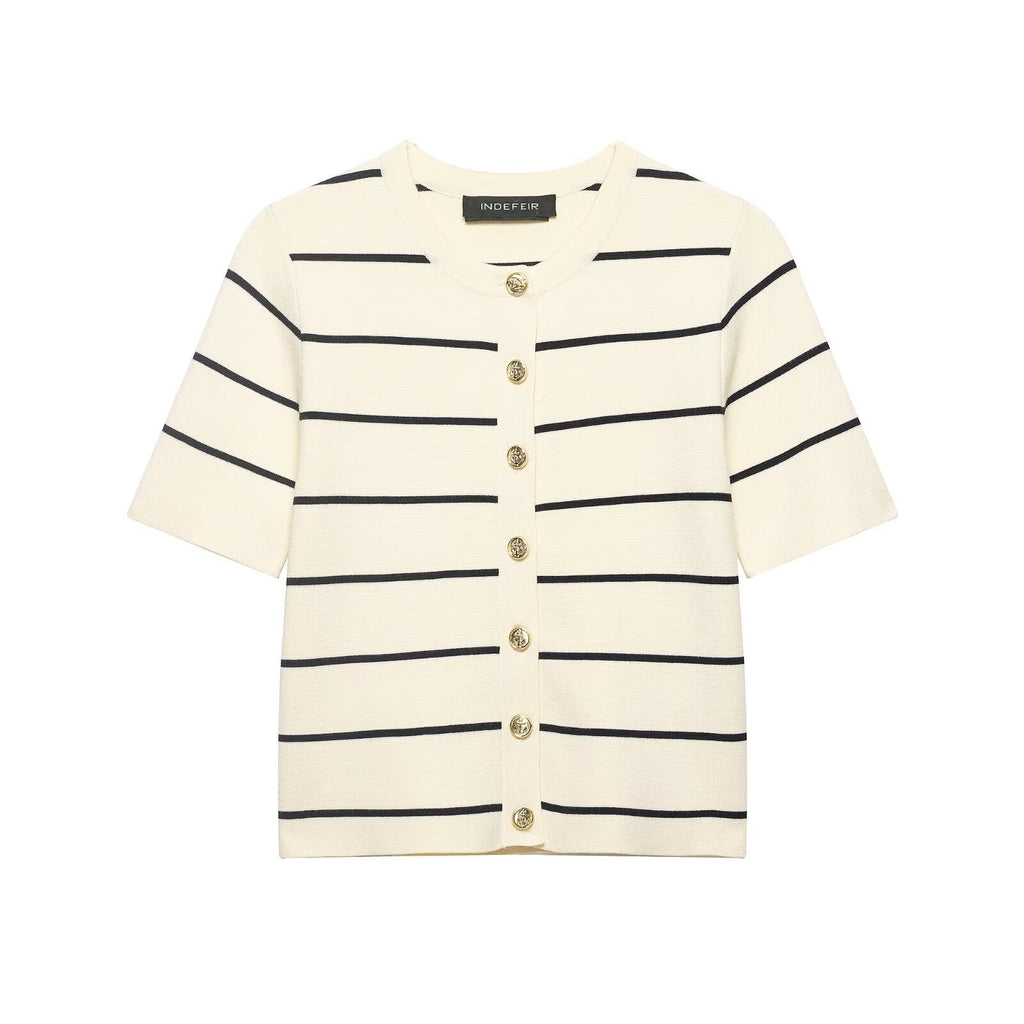 Women Striped Short Sleeved Knitted Jacket Mini Skirt Stes