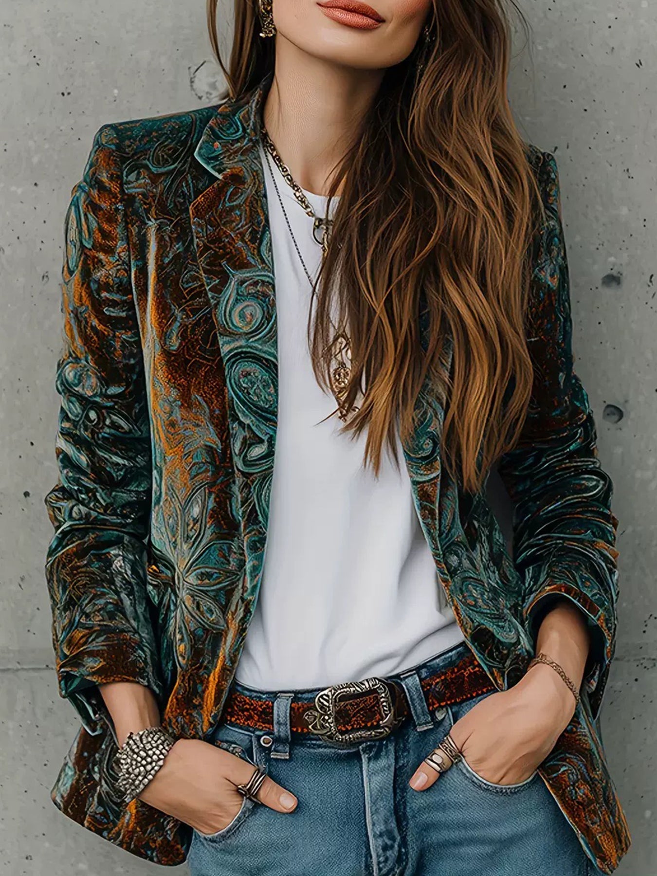 Women's Printed Velvet Blazer Autumn Winter Casual Commuter Jacket - Image 3