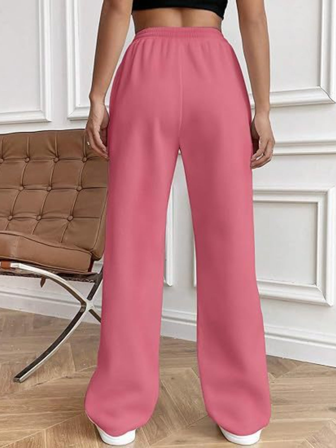 Women's High-Waisted White Drawstring Wide Leg Pants with Pockets - Image 7