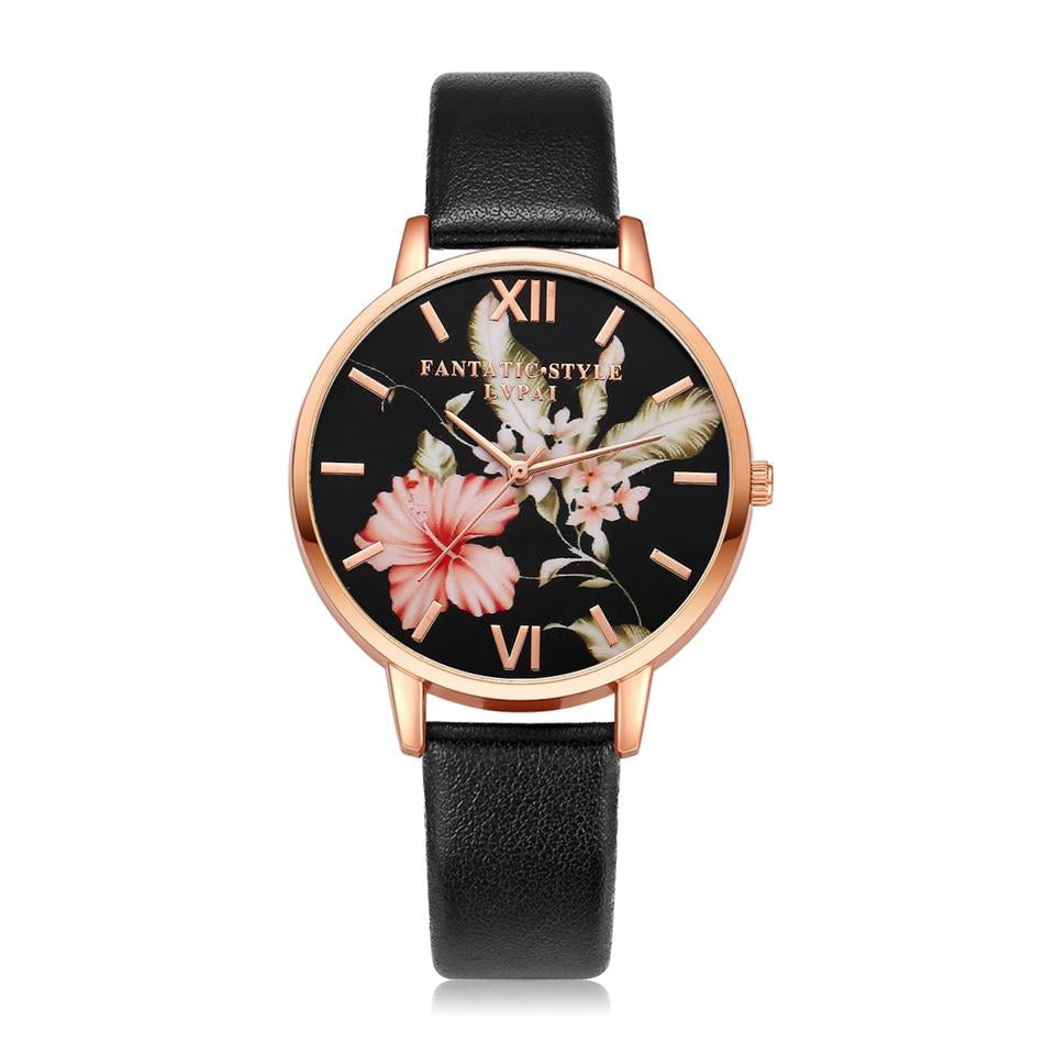 Women's Harajuku floral dial quartz watch with a rose gold-tone case and black or white leather strap, featuring vibrant floral patterns.