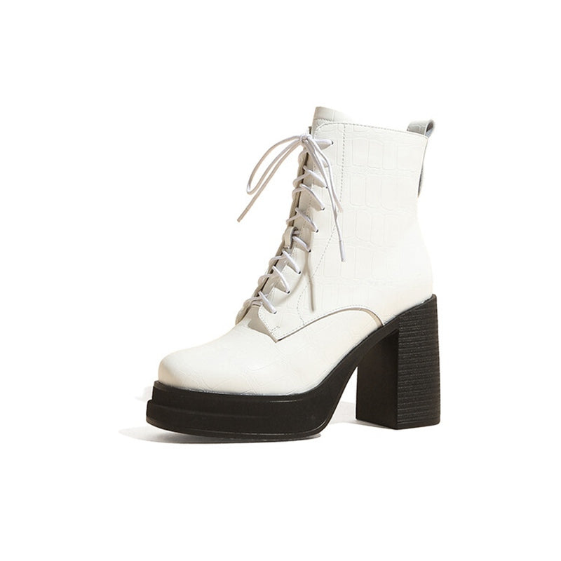 Women's Round Toe Platform Short Boots - Leather Lace-Up Style - Image 2