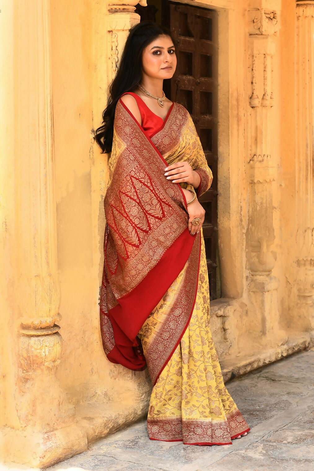 Yellow Crepe Chiffon Pure Handloom Banarasi Silk Saree