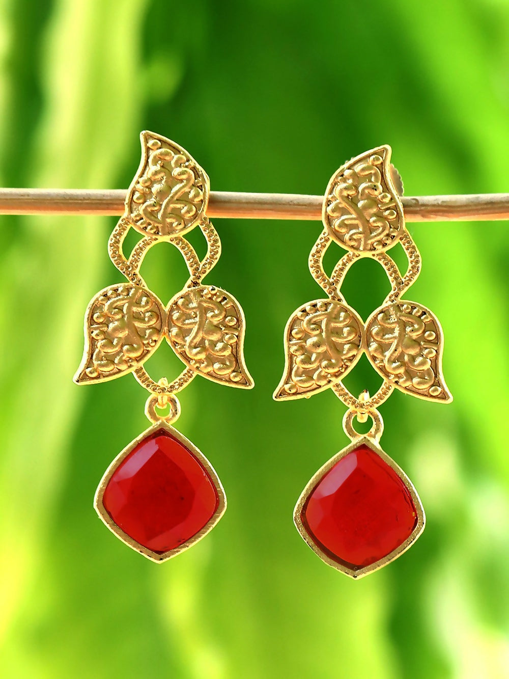 Red Stone Matte Gold Drop Earrings for Ethnic Occasions