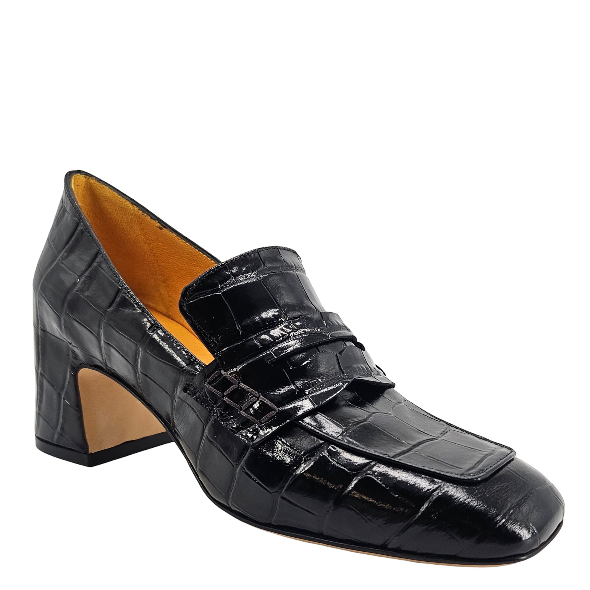 Black Leather Heel Moc Croc Leather Loafer