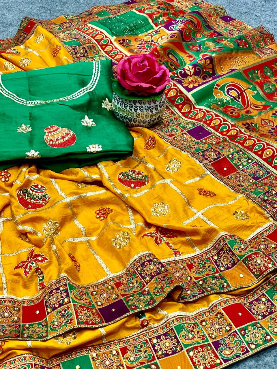 Yellow Dola Silk Saree with Embroidery and Jacquard Lace