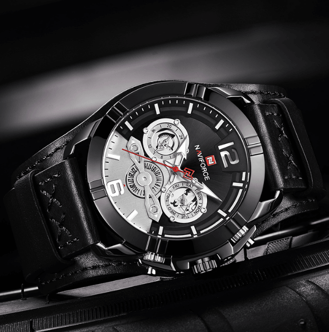 Men's Waterproof Chronograph Watch with Leather Strap & Dial Window