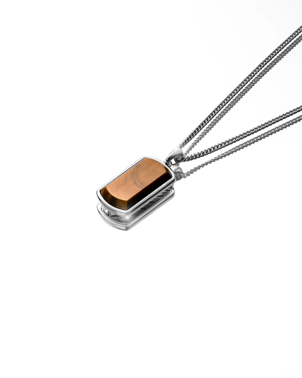 Beveled Tag Pendant Necklace with Tigers Eye Stone in Sterling Silver