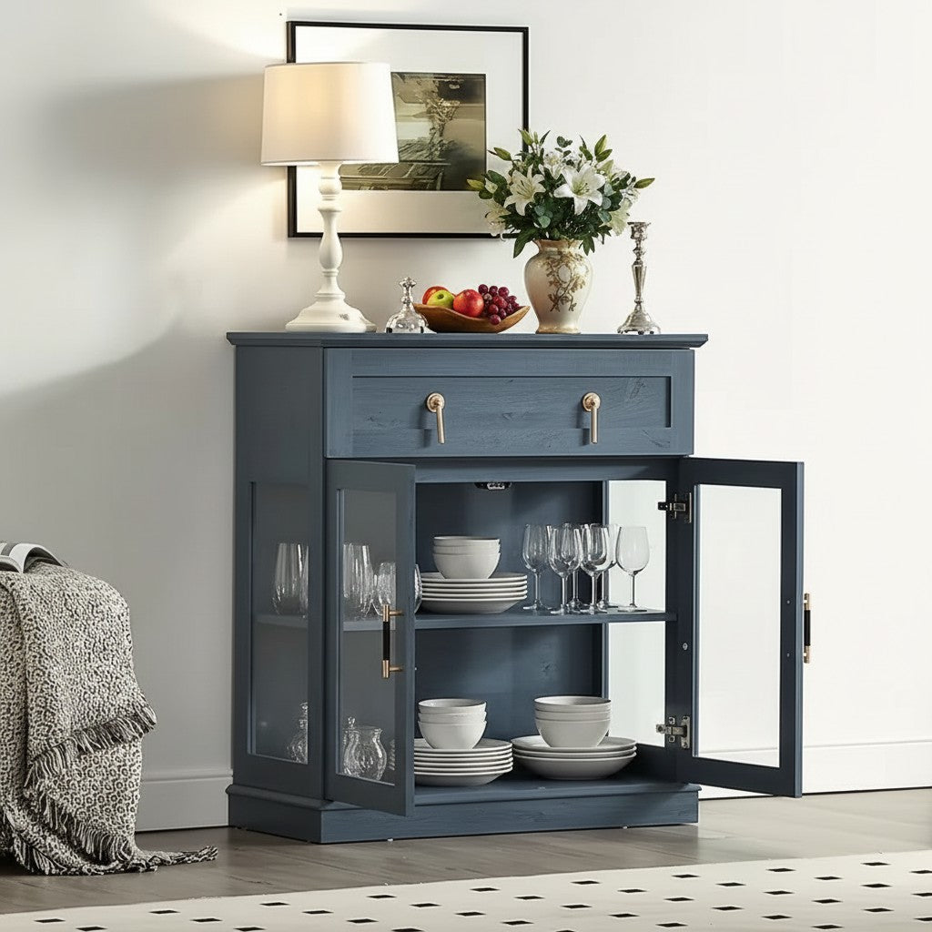 Modern glass door storage cabinet in navy blue and white with metal handles