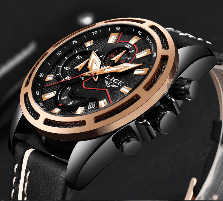Men's Waterproof Sports Chronograph Watch with Leather Strap