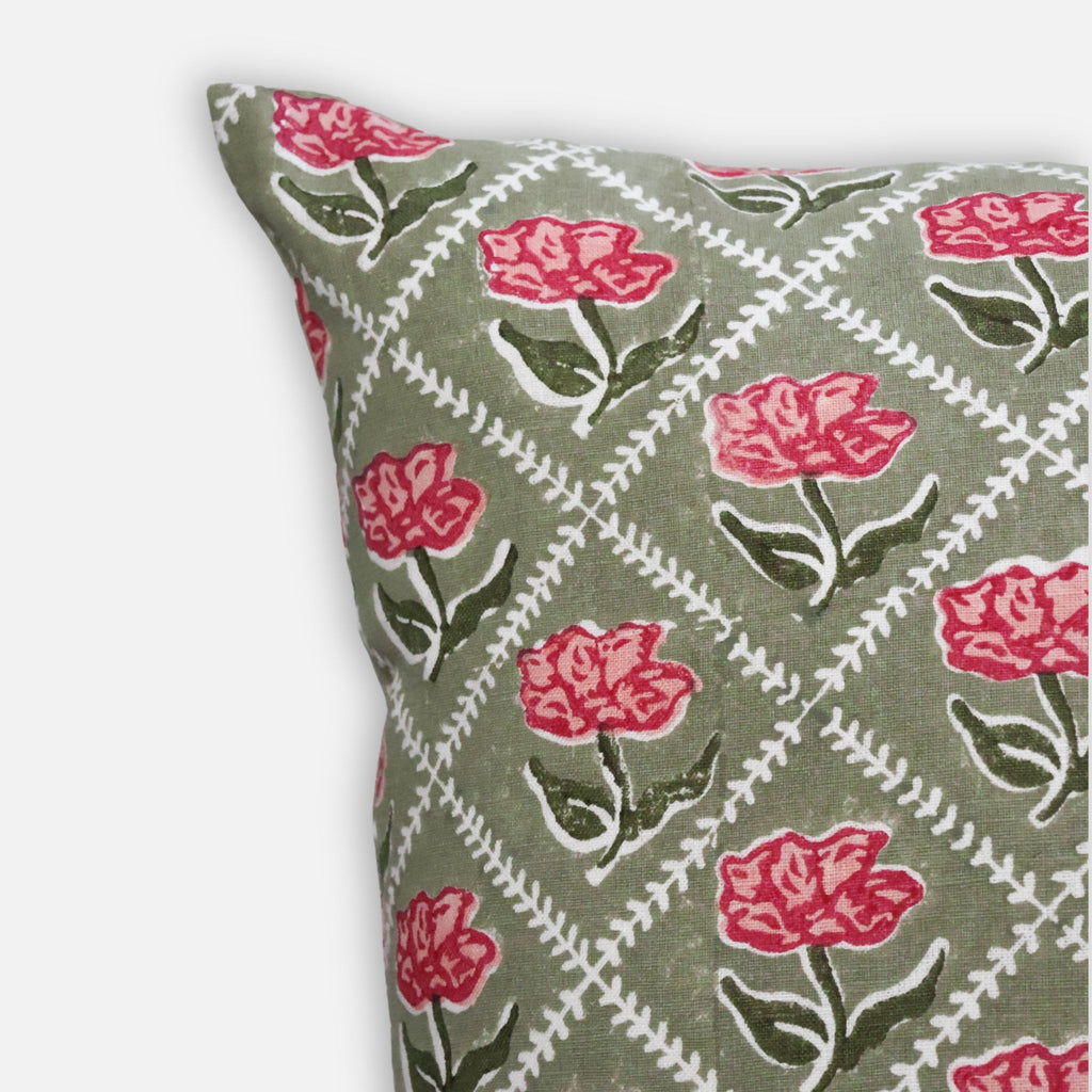 Noor Floral Linen Throw Pillow Cover in Olive and Pink