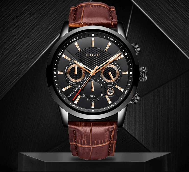 Men's Waterproof Chronograph Sport Watch with Leather Strap