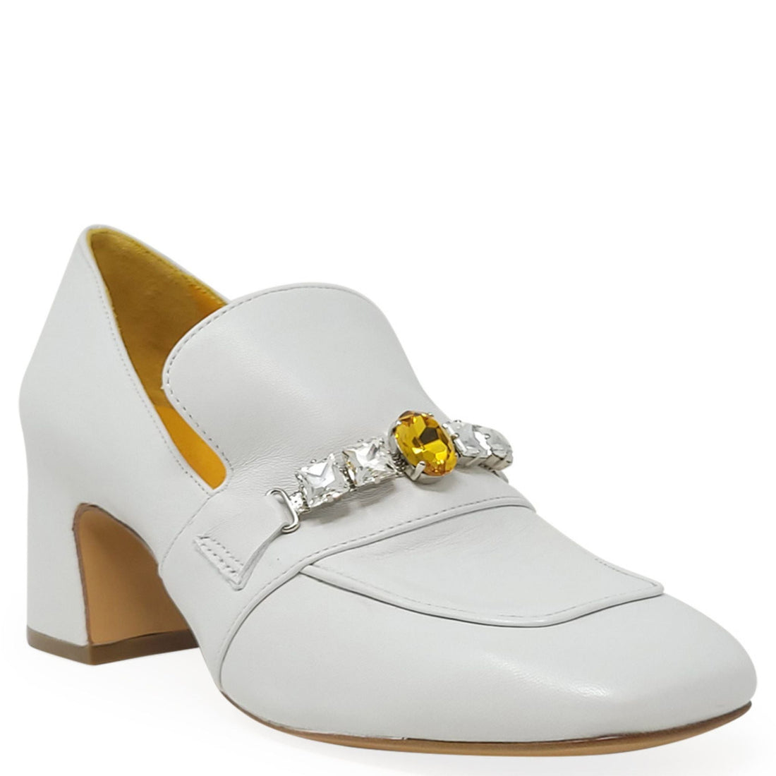 White Leather Mid Heel Loafers with Jeweled Accent - Image 2