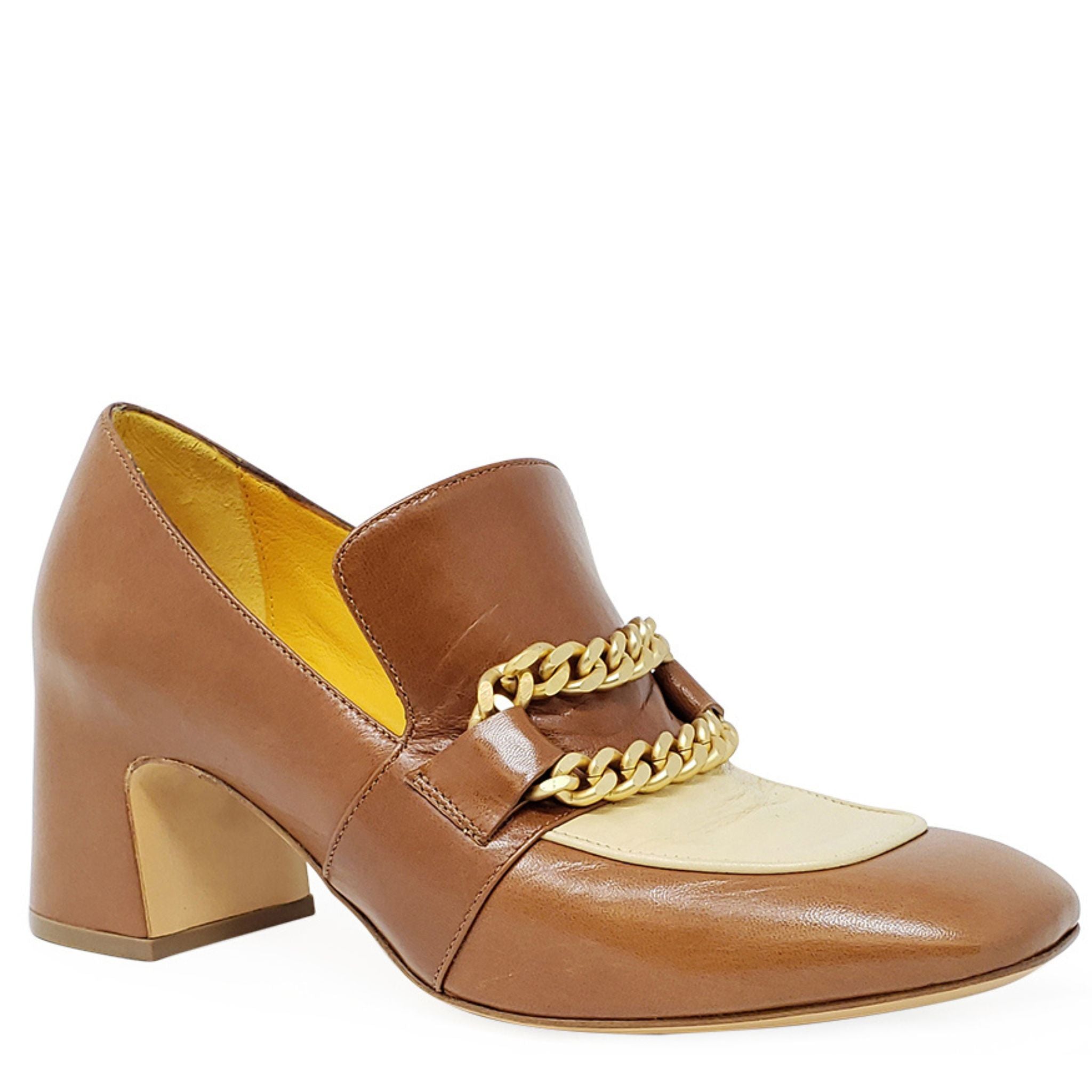 Tan & Cream Leather Mid Heel Loafer W/Chain