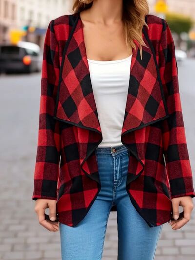Elegant Plaid Open-Front Long Sleeve Jacket Lightweight