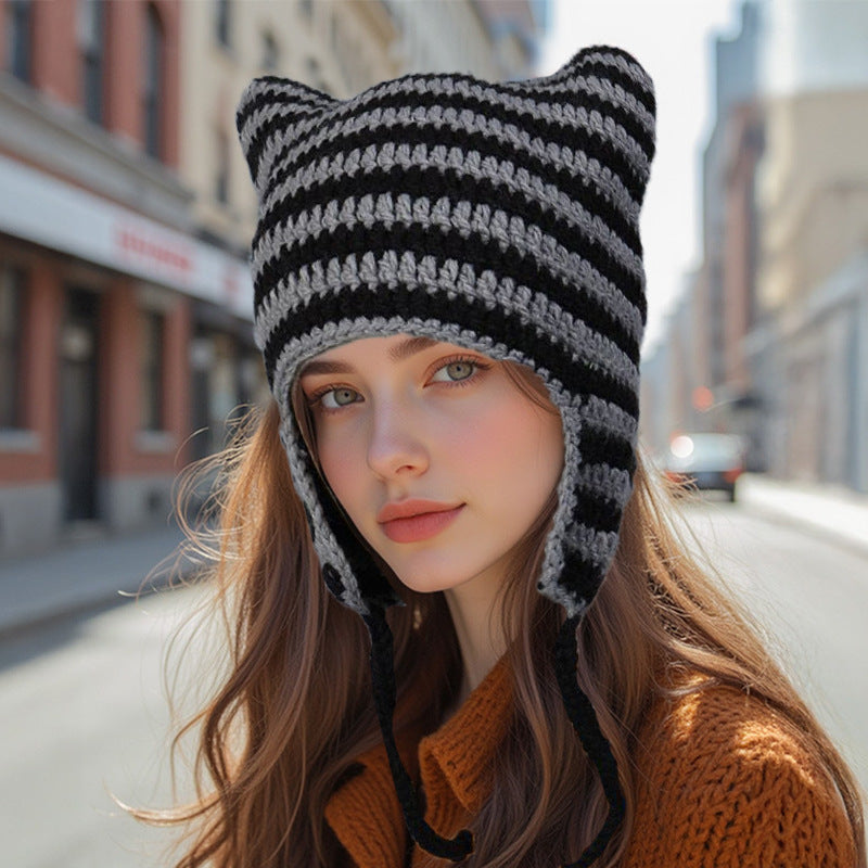 Women's Hand Knitted Striped Cat Beanie Hat