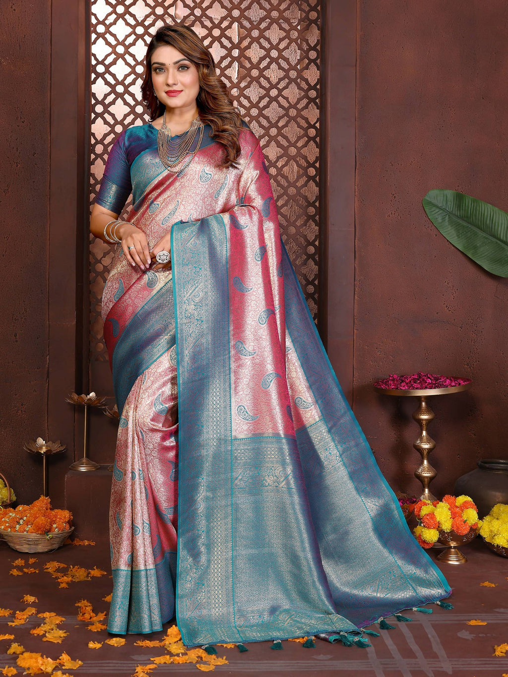 Magenta Tissue Silk Saree with intricate woven border