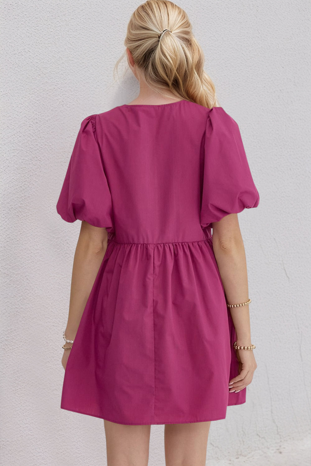 Ruched Puff Sleeve Mini Dress with Bow Detail