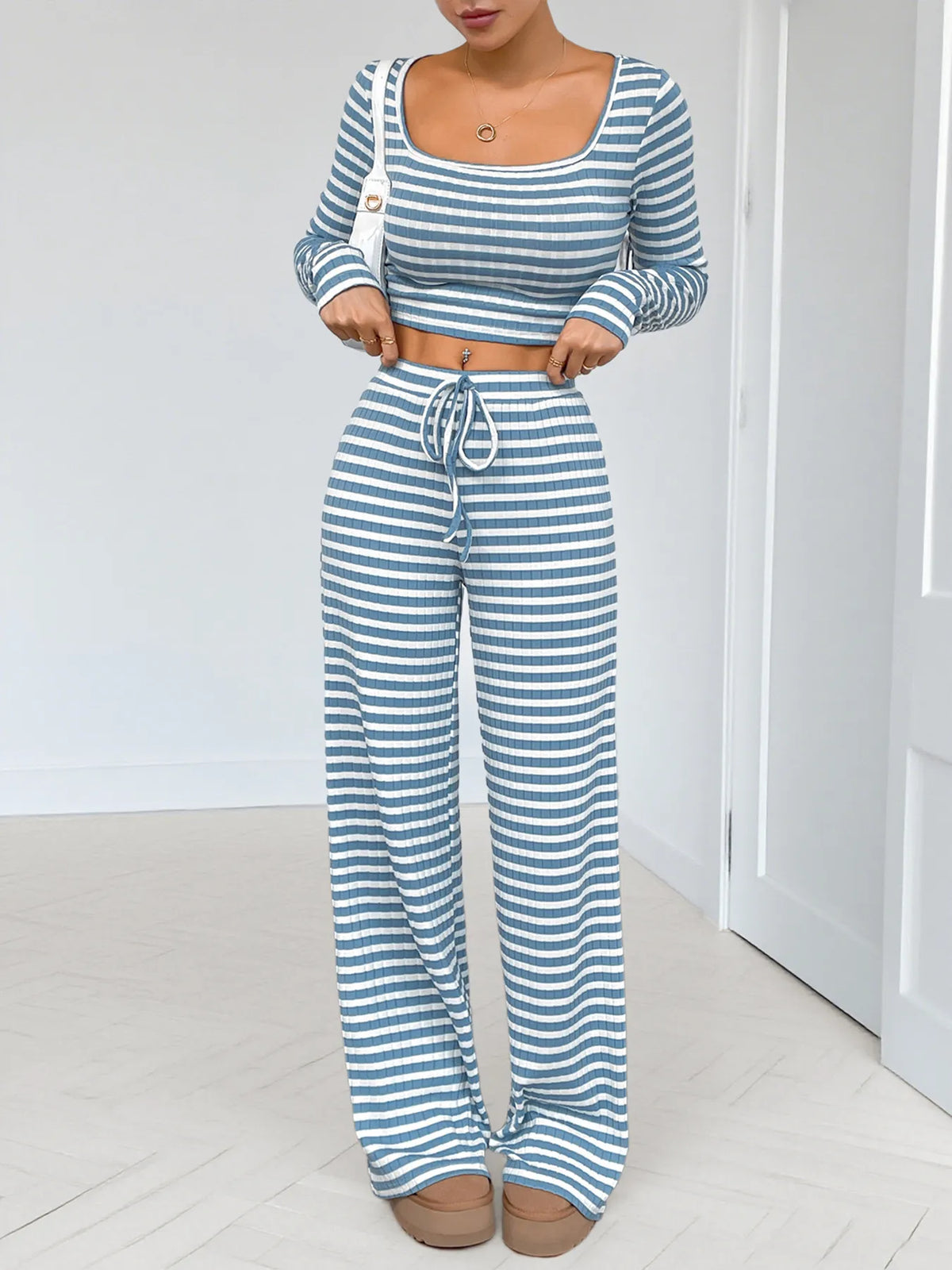 Striped Square Neck Long Sleeve Top and Pants Lounge Set