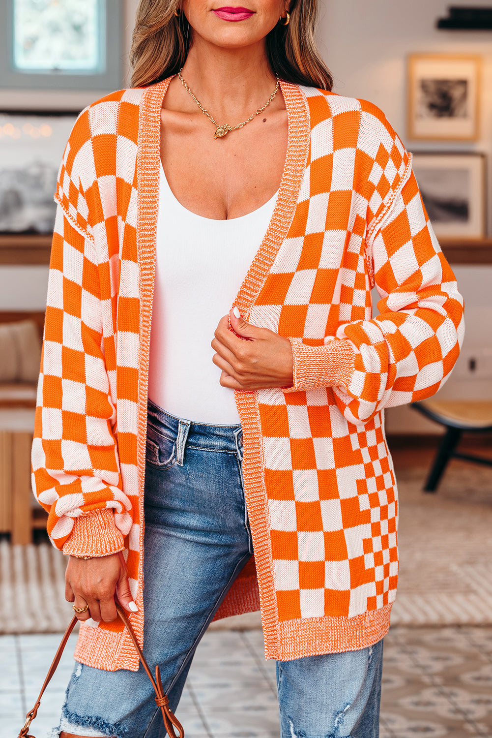 Wrenley Orange White Checkered Open Front Drop Shoulder Cardigan - Image 6