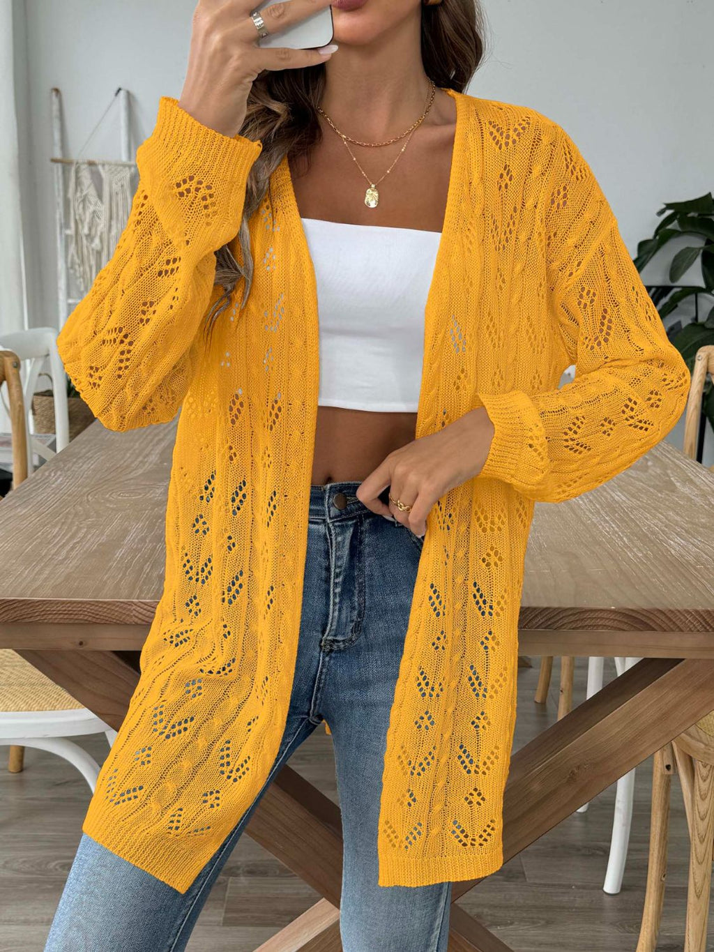 White Openwork Open Front Long Sleeve Cardigan Lightweight Knit - Image 18