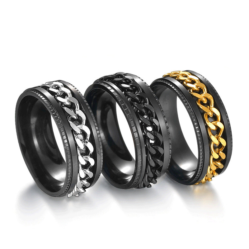 Stainless Steel Rotating Cuban Chain Spinner Ring For Men