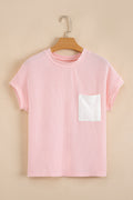 Colorblock Corded Knit Pocketed Crew Neck T-Shirt