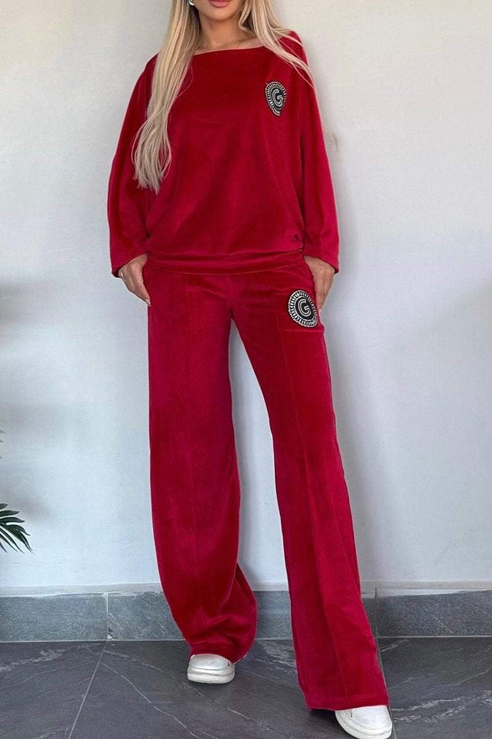 Boat Neck Velvet Loungewear Set | Long Sleeve Top & Pants