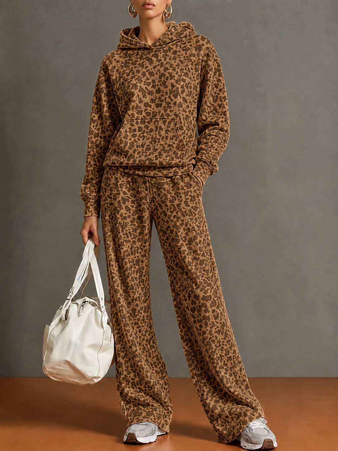 Women's Leopard Print Hoodie & Wide-Leg Pants Two-Piece Set