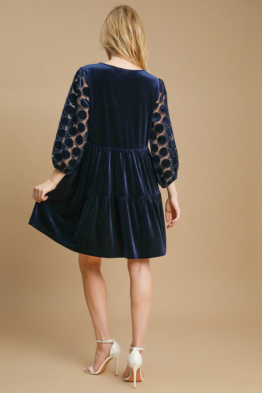 Navy Blue Dotted Lace Sleeve Tiered Velvet Mini Dress