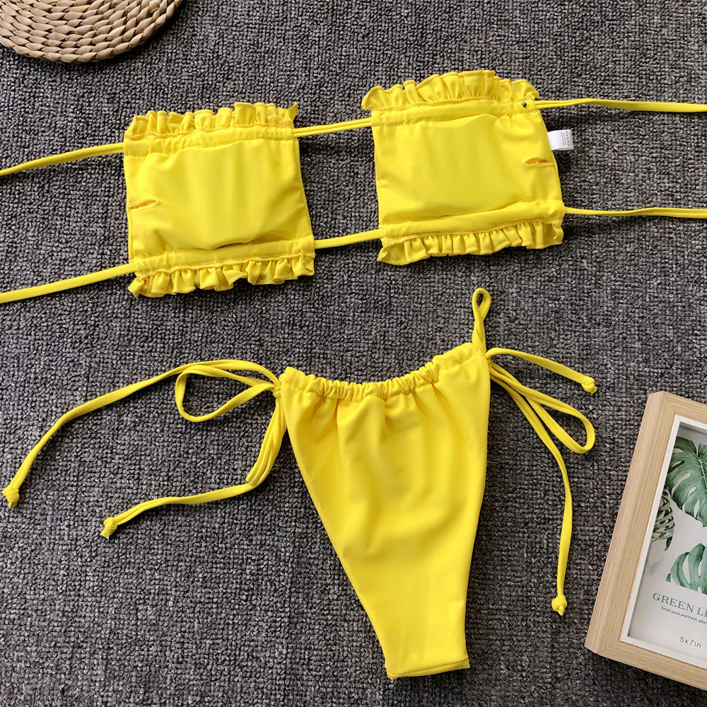 Yellow Ruched Bikini Set with Flirty Frill Trim and Tie Sides - Image 3