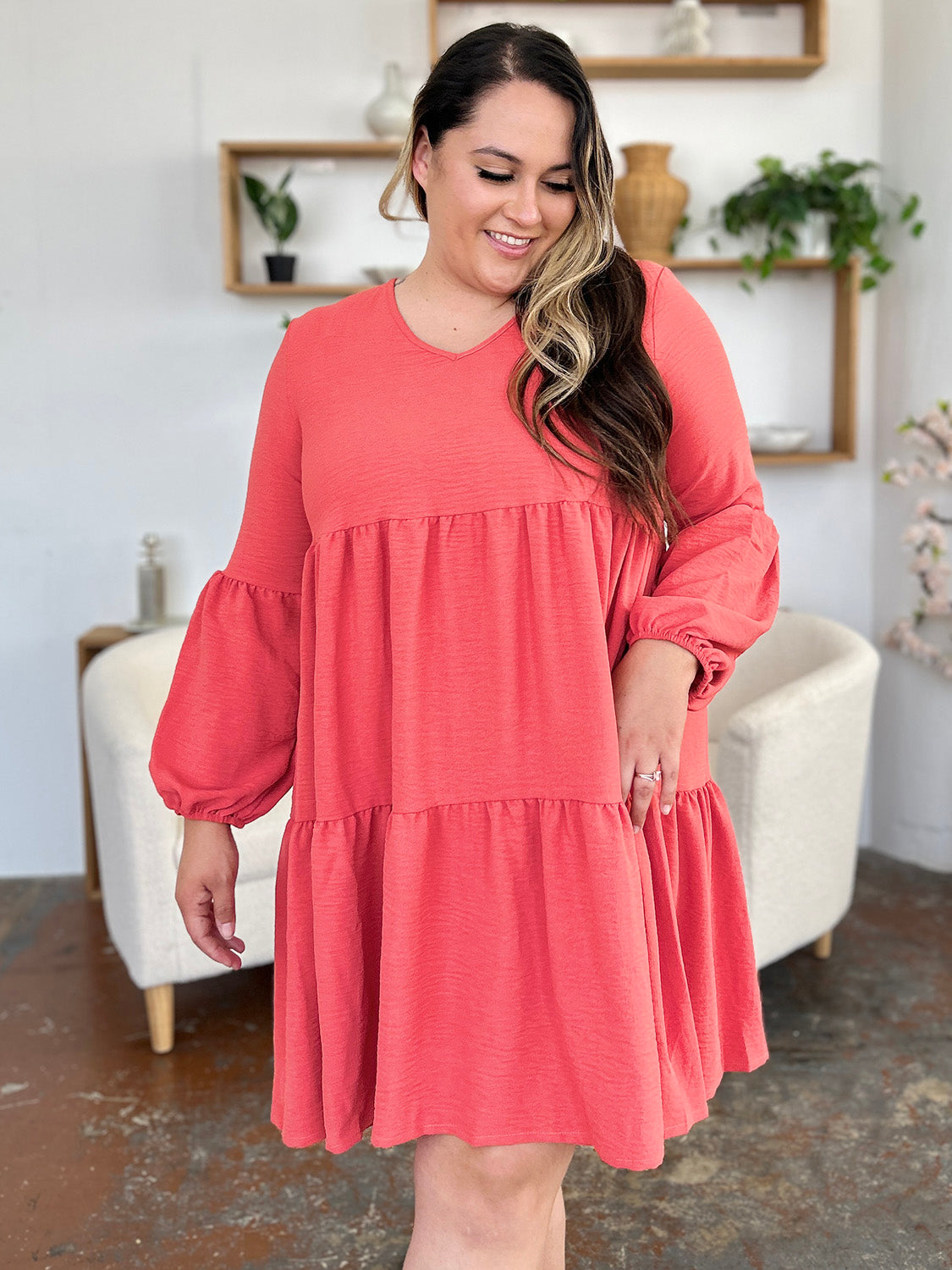 Light Green V-Neck Tiered Midi Dress with Side Pockets