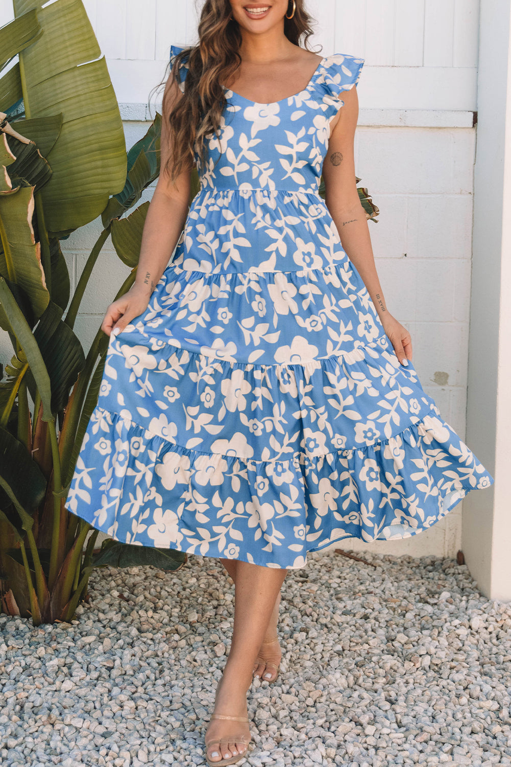 Sky Blue Floral Chiffon Flutter Sleeve Midi Dress