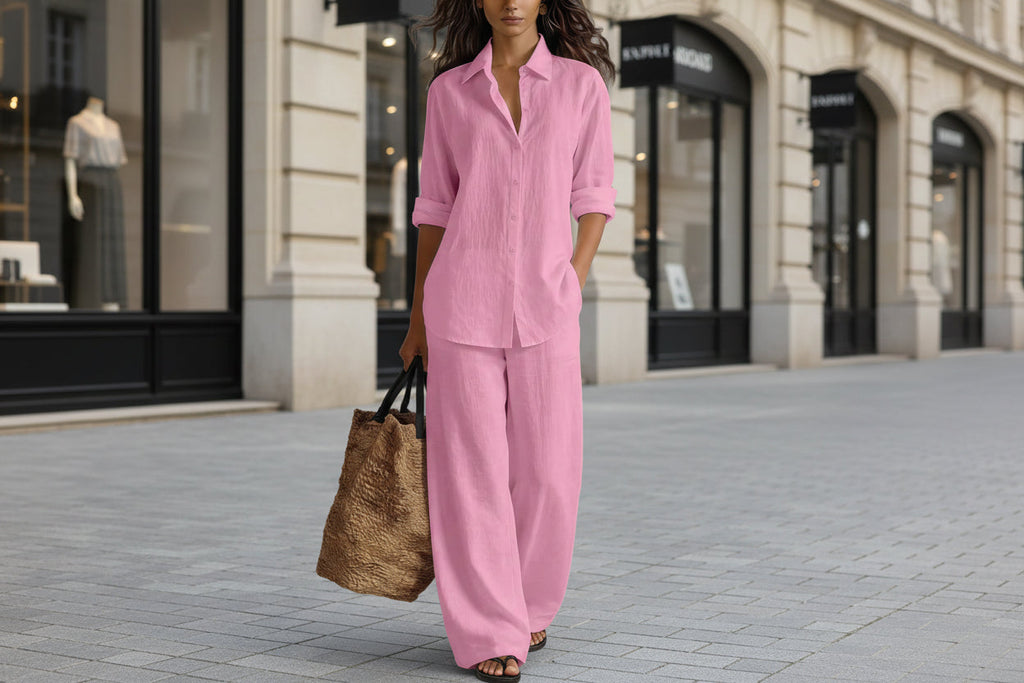 Women's Bohemian Cotton-Linen Button-Down Top and Pant Set - Image 3