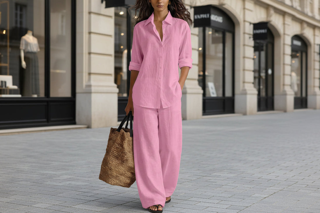Women's Bohemian Cotton-Linen Button-Down Top and Pant Set - Image 3