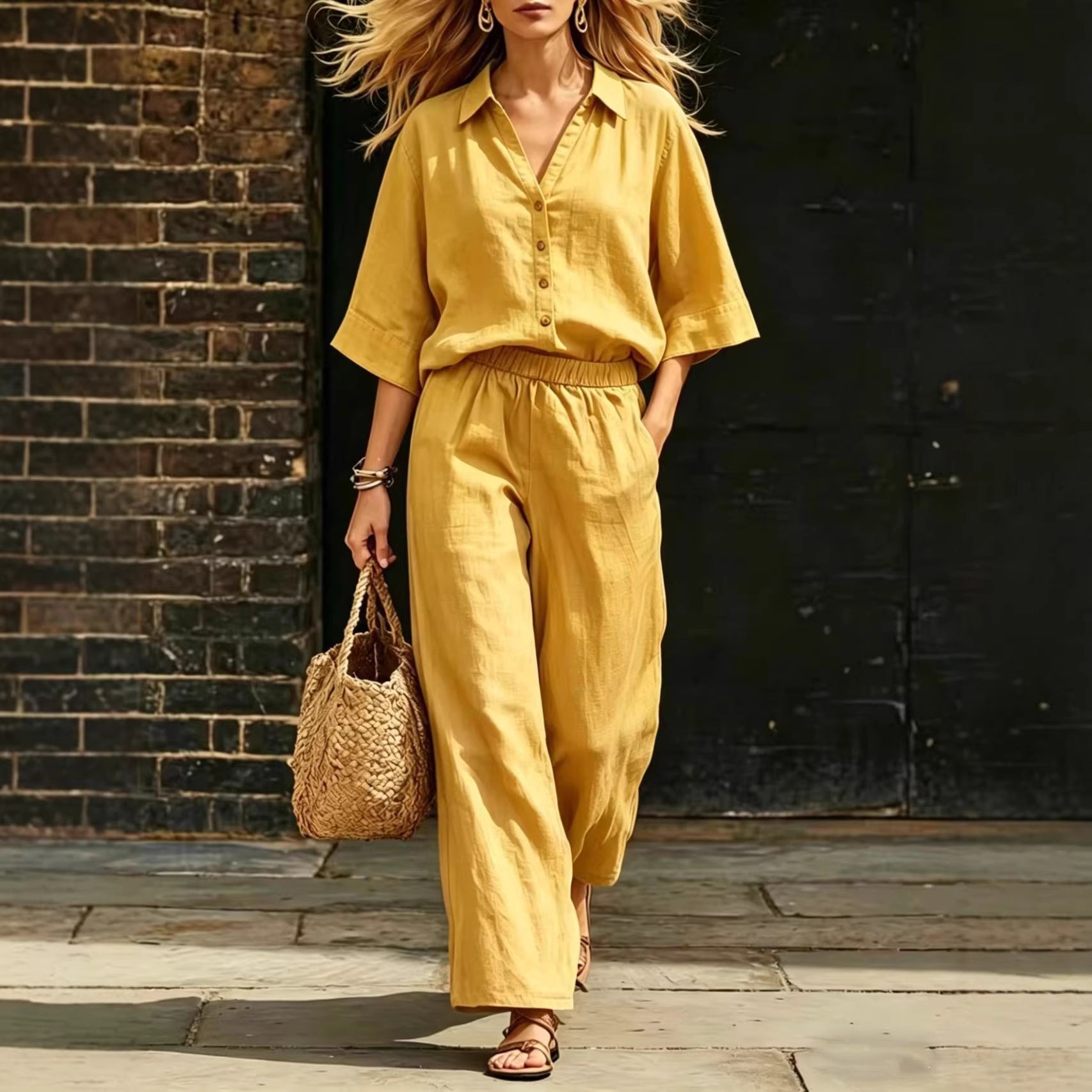 Women's Button-Down Shirt and Wide-Leg Pants Two-Piece Set - Image 3