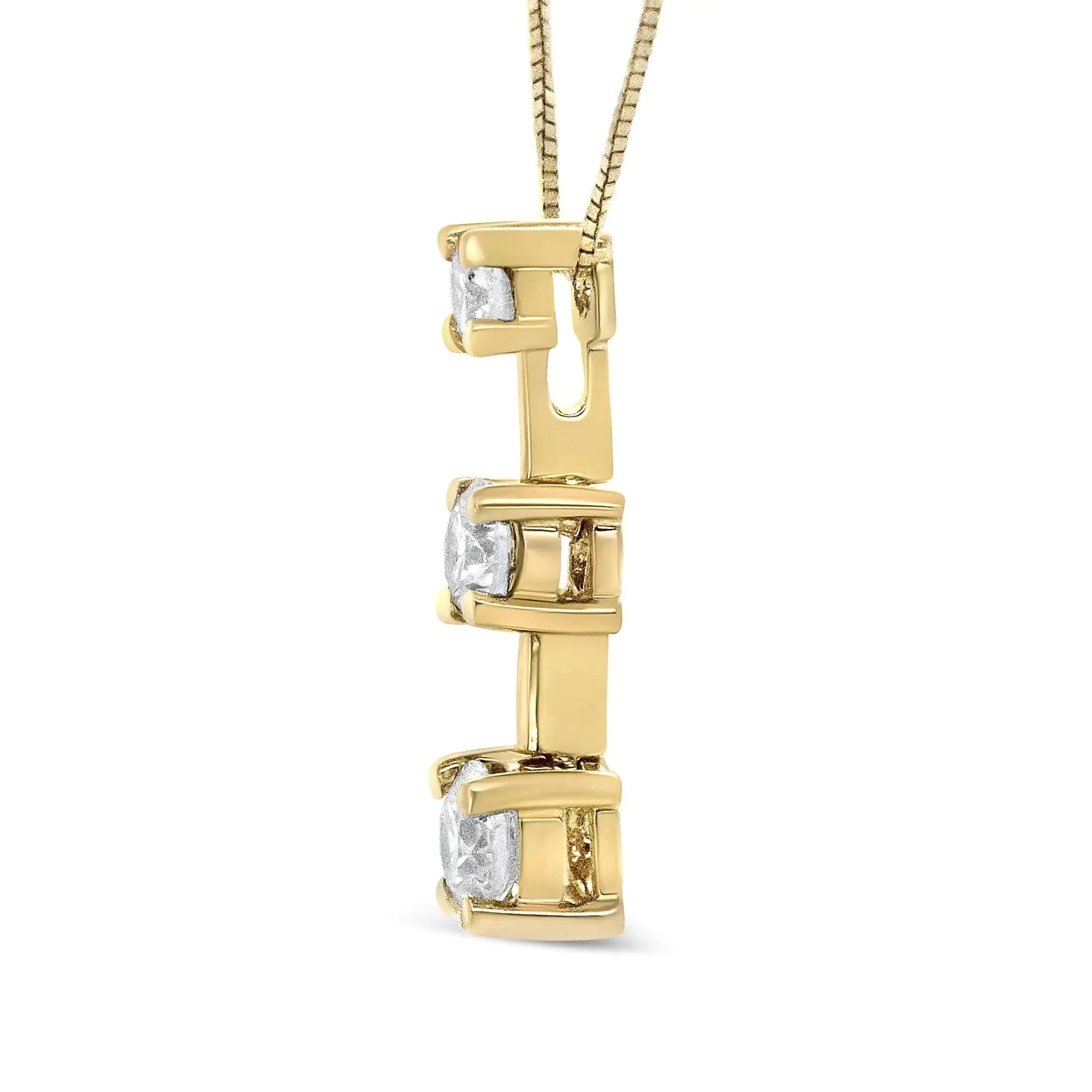 14K Gold Round Diamond Three-Stone Drop Pendant 18" Necklace - (H-I Color, SI1-SI2 Clarity)