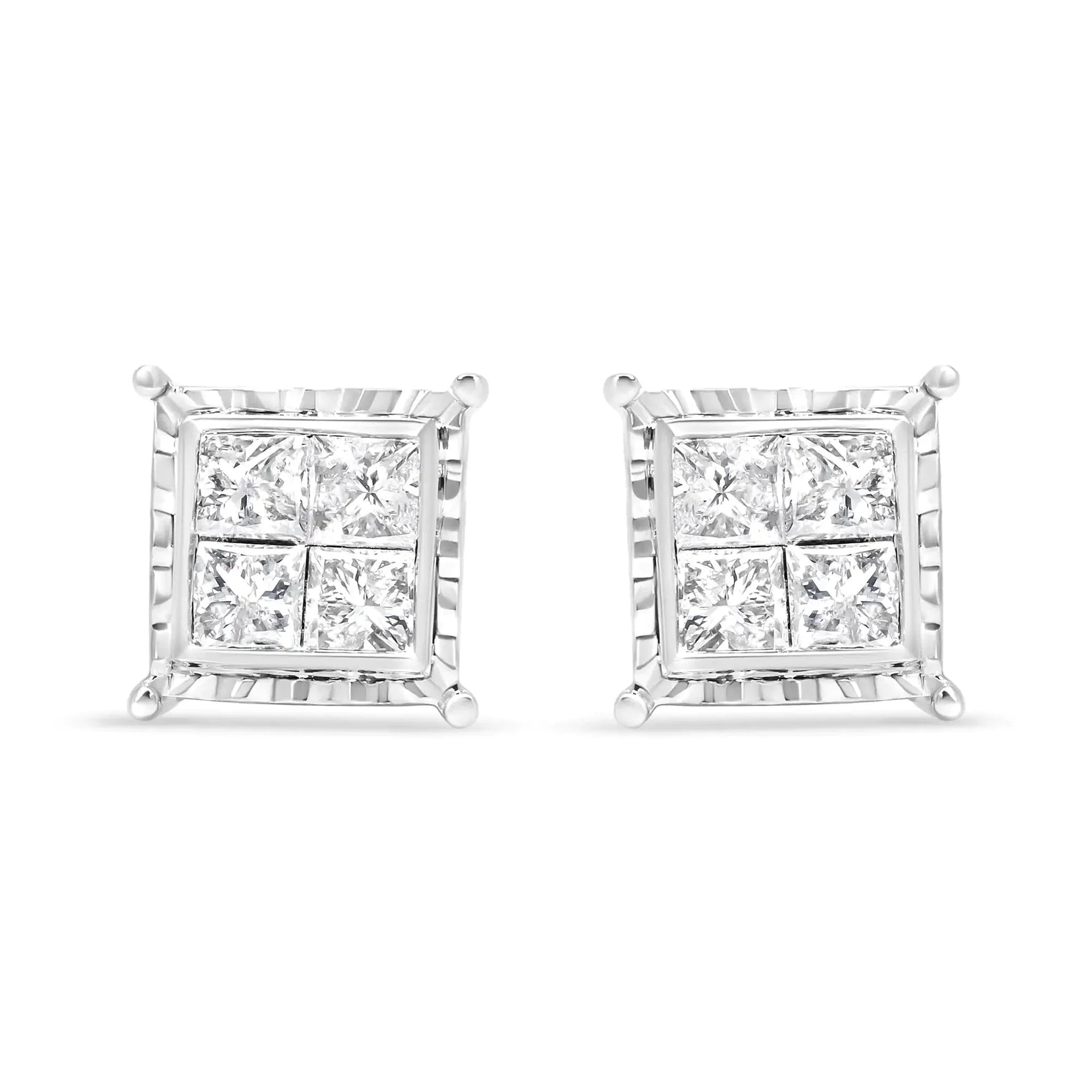 14K White Gold 1 1/2 Cttw Invisible Set Princess-Cut Diamond Contemporary Wavy Quad Stud Earrings (I-J Color, I1-I2 Clarity)