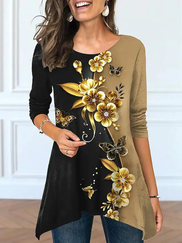 Women's Round Neck Floral Print Tunic Top with Asymmetrical Hem - Image 37