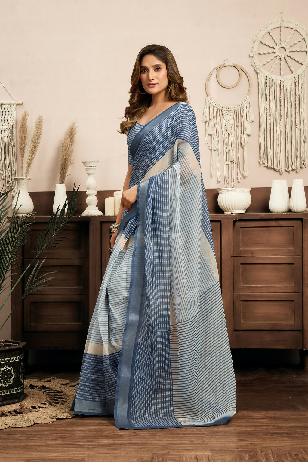 Cream & Blue Striped Linen Ready-to-Wear Saree with Blouse Piece