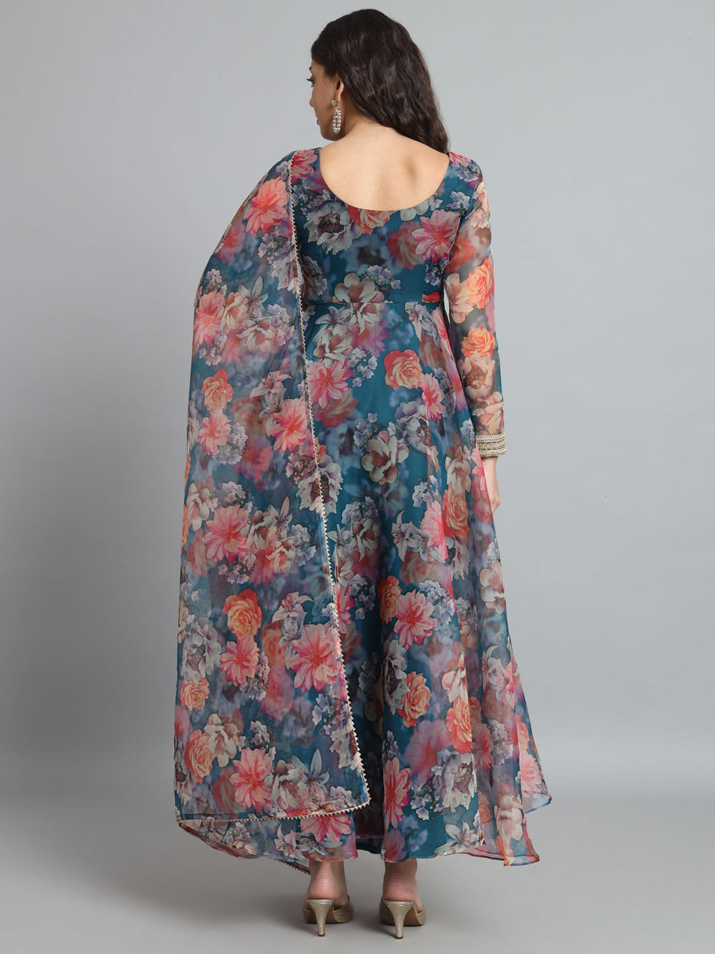Blue Organza Floral Gota Anarkali for Festive Elegance