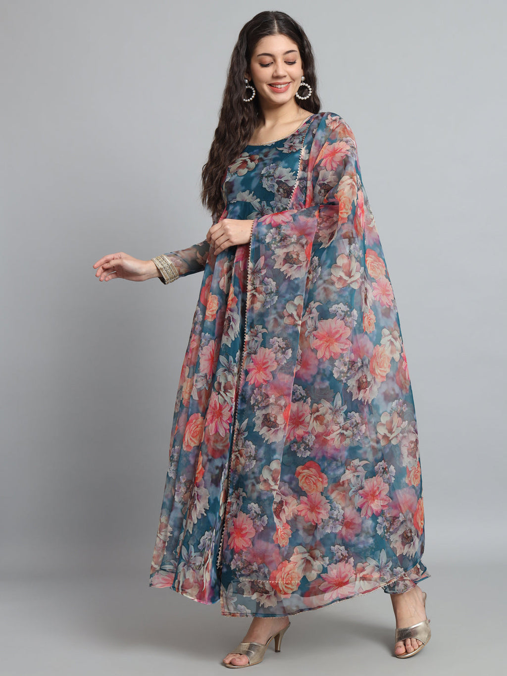 Blue Organza Floral Gota Anarkali for Festive Elegance