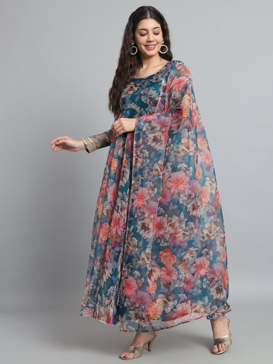 Blue Organza Floral Gota Anarkali for Festive Elegance