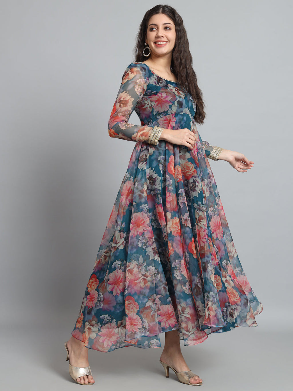 Blue Organza Floral Gota Anarkali for Festive Elegance