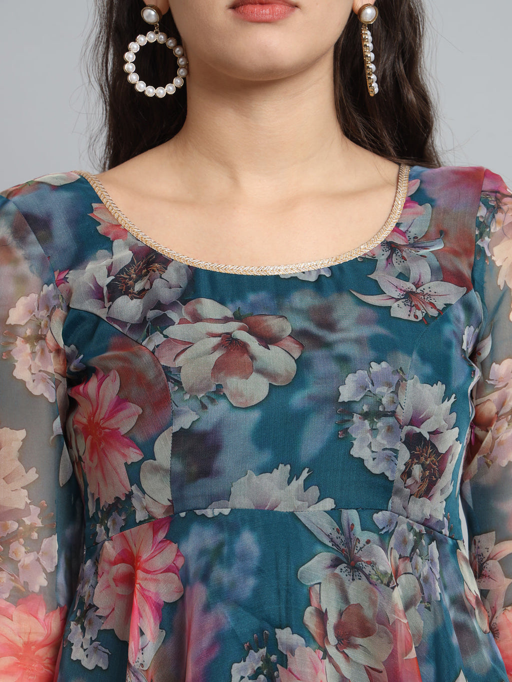 Blue Organza Floral Gota Anarkali for Festive Elegance