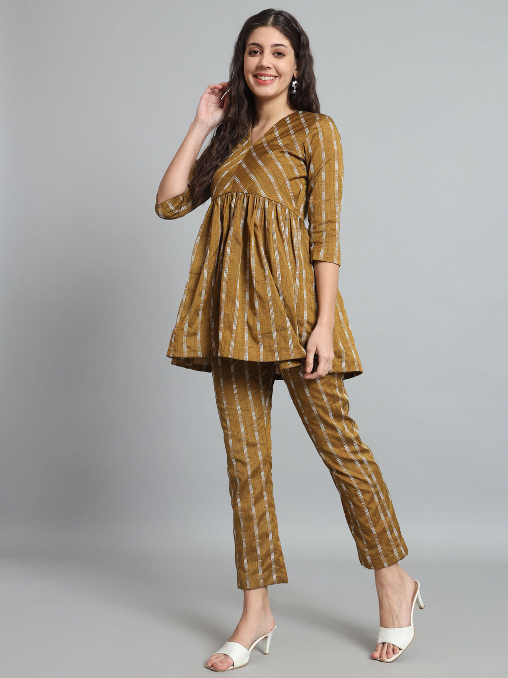 Mustard Cotton Rayon Co-Ord Set with 3/4 Sleeves
