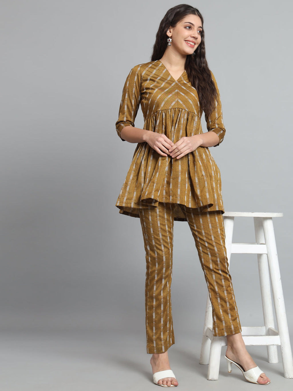 Mustard Cotton Rayon Co-Ord Set with 3/4 Sleeves