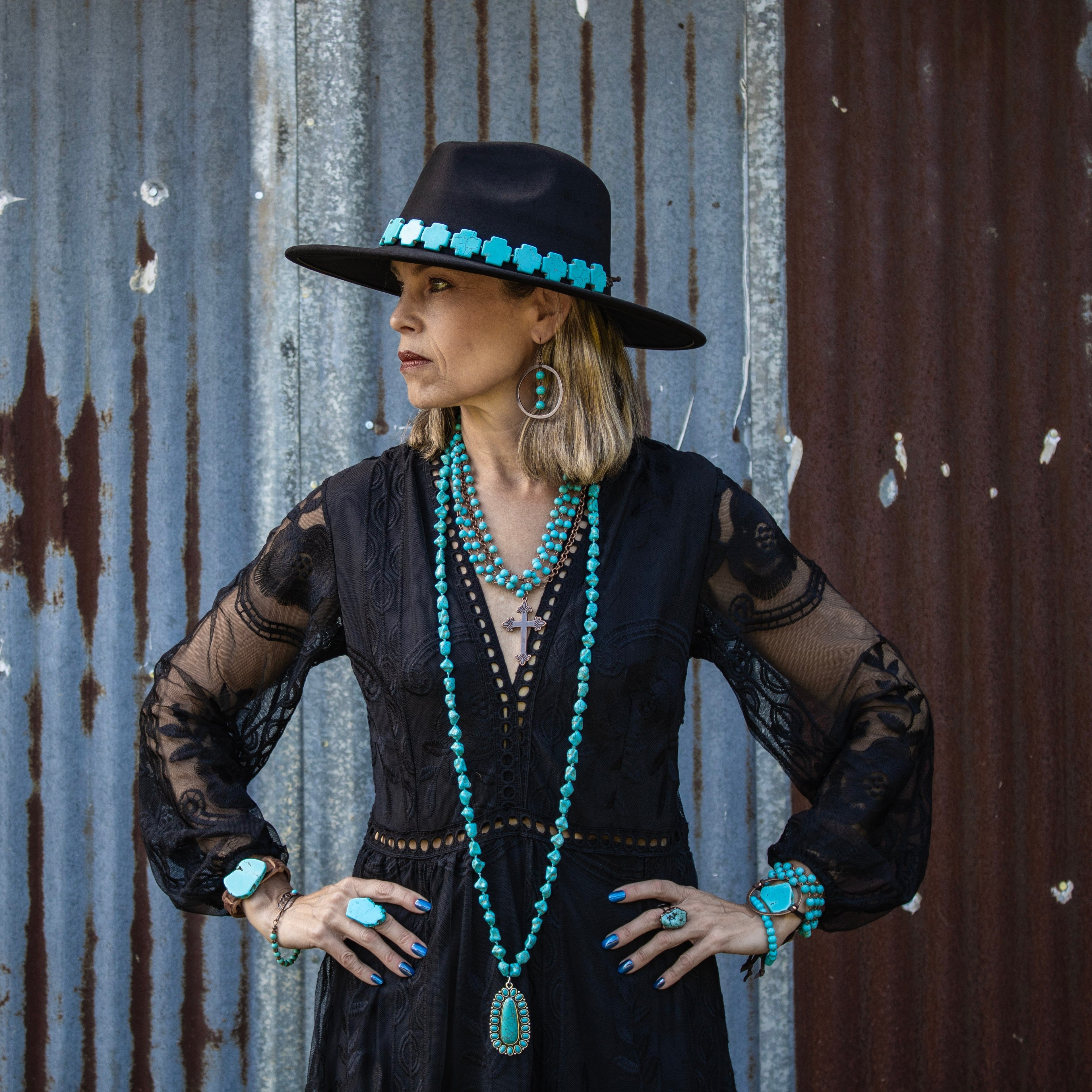 Long Western Turquoise Beaded Necklace w/ Squash Blossom Pendant 261w