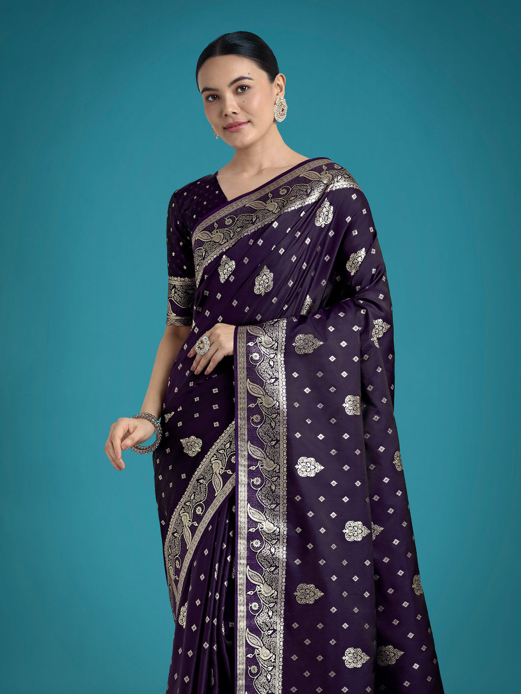 Traditional purple Banarasi Satin Silk saree with elegant zari woven border